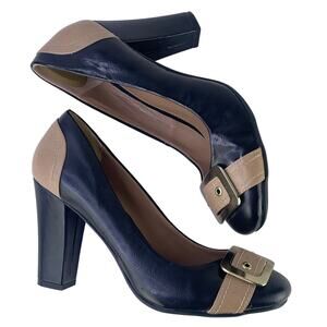 Rialto Womens Vintage Classic 3.75" Heel Pump Black Tan Gold Buckle Detail S 9M